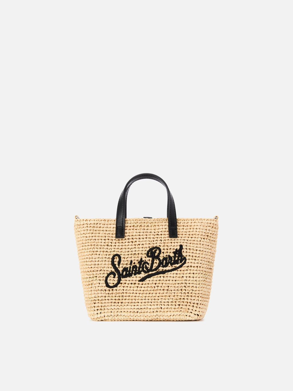 Borsa City mini in raffia con logo nero ricamato a contrasto