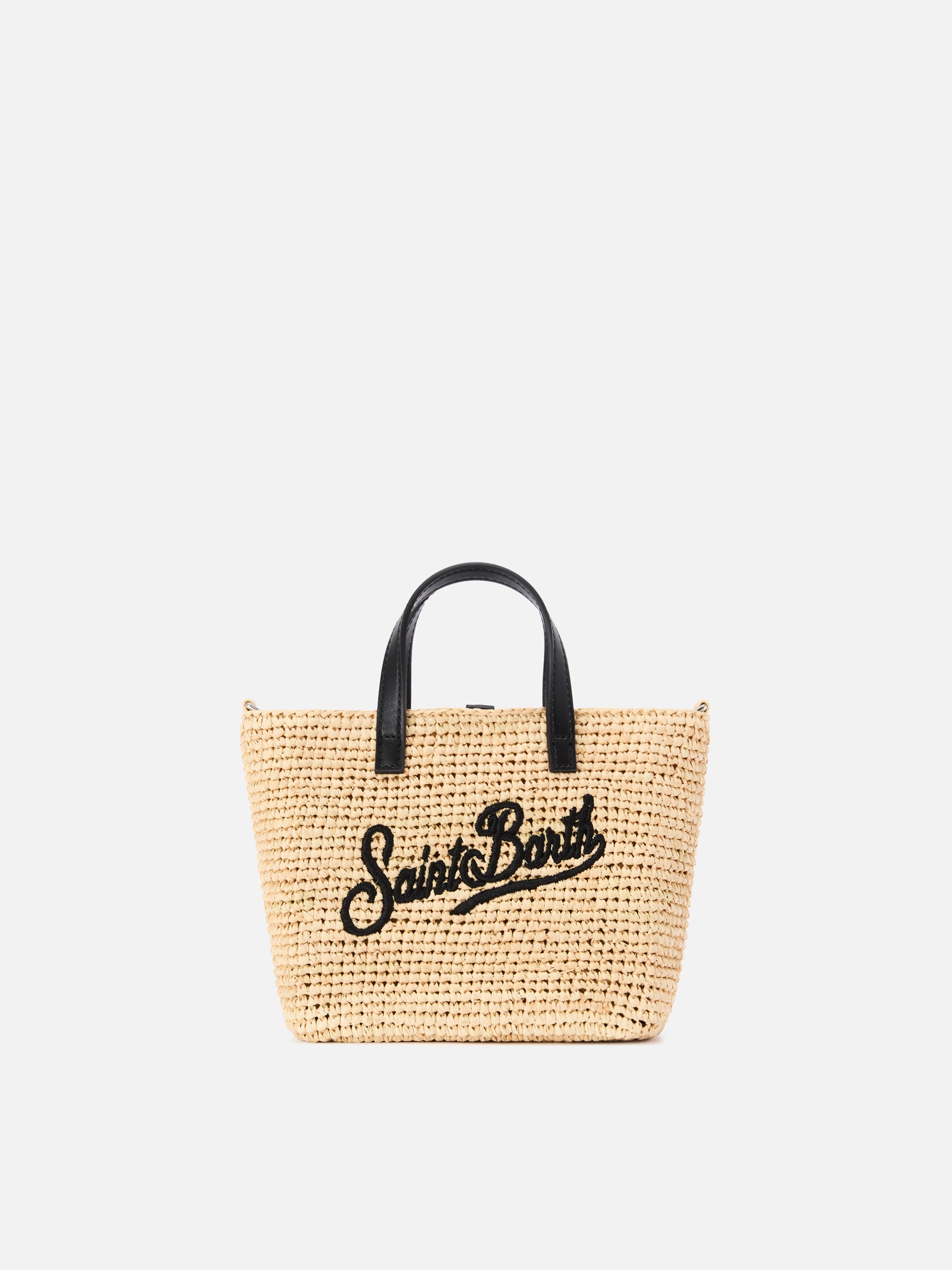 Borsa City mini in raffia con logo nero ricamato a contrasto