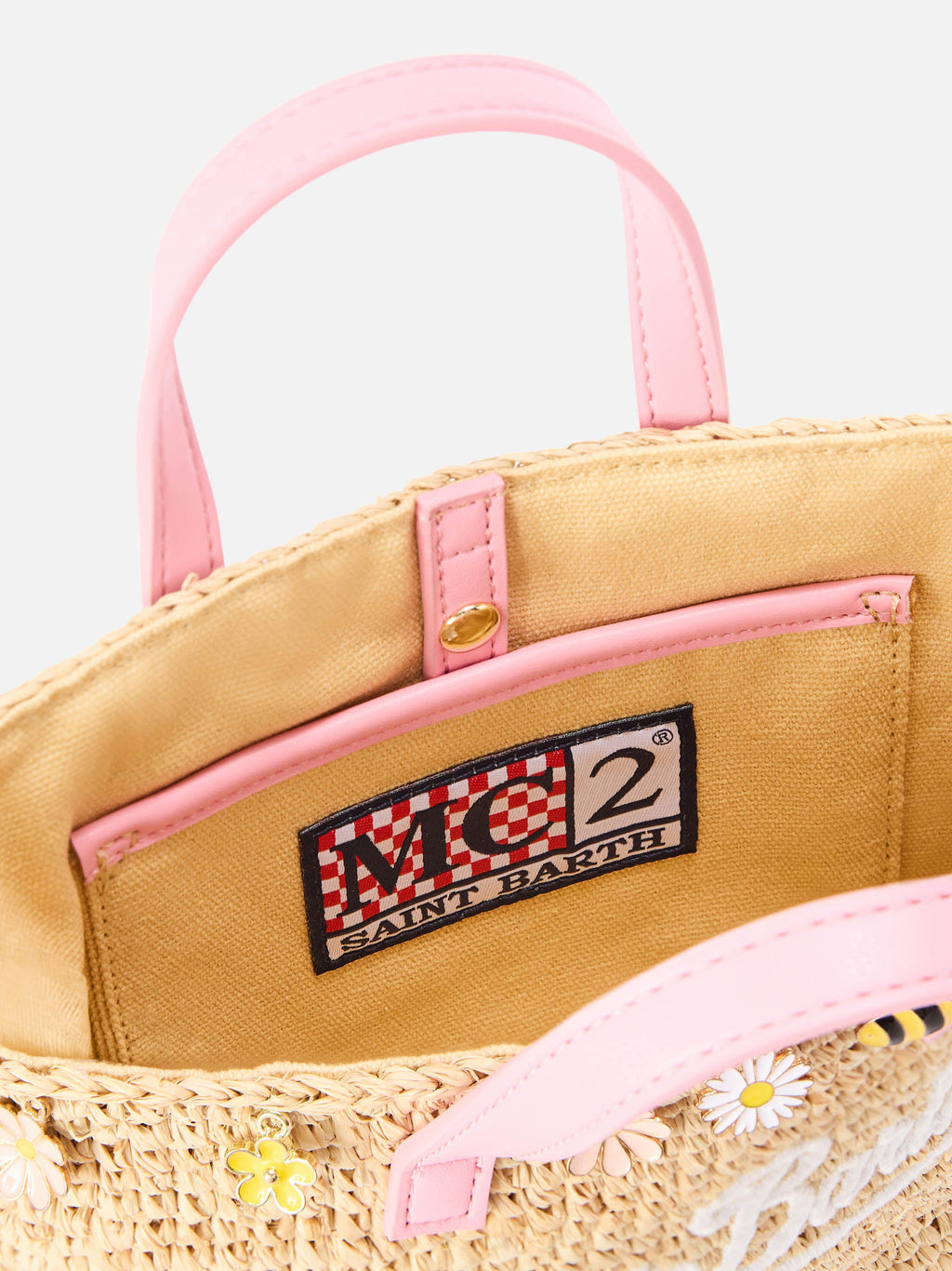 Borsa City mini in raffia con charms applicati e logo ricamato