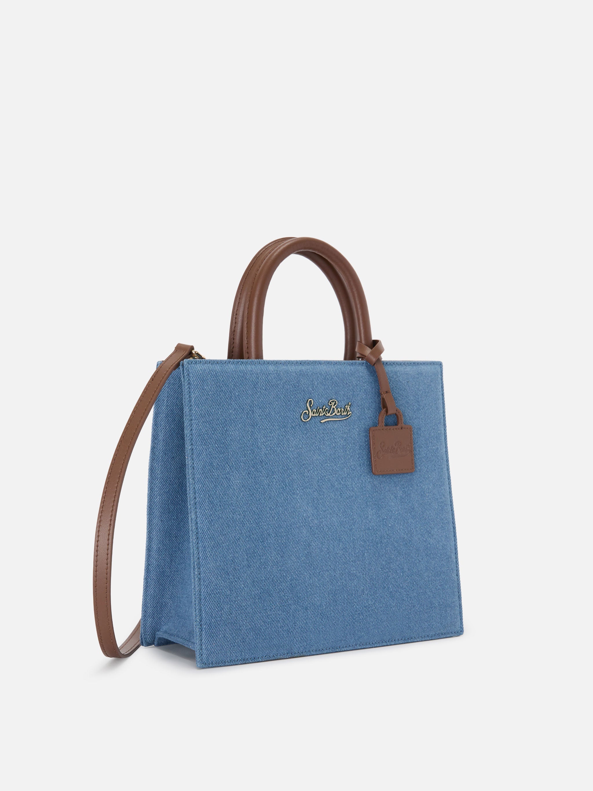 Borsa Shop Midi strutturata in denim con dettagli in pelle