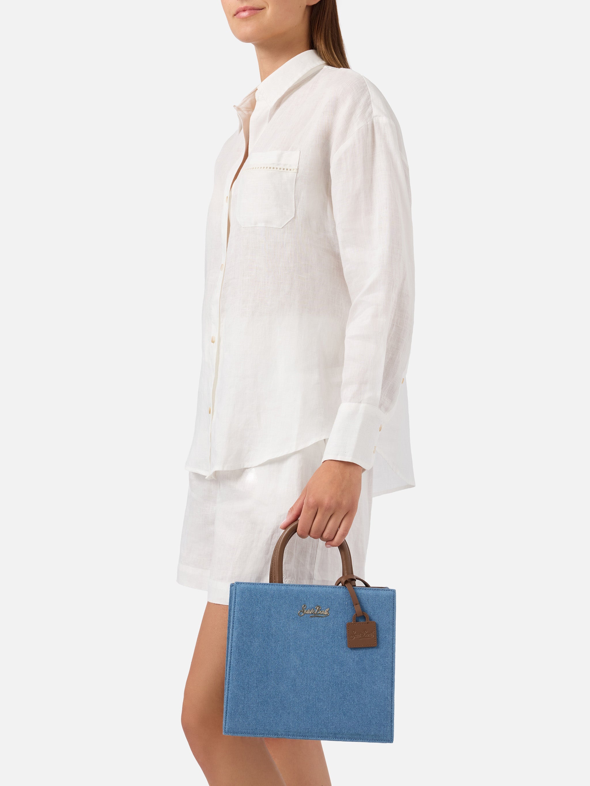 Borsa Shop Midi strutturata in denim con dettagli in pelle