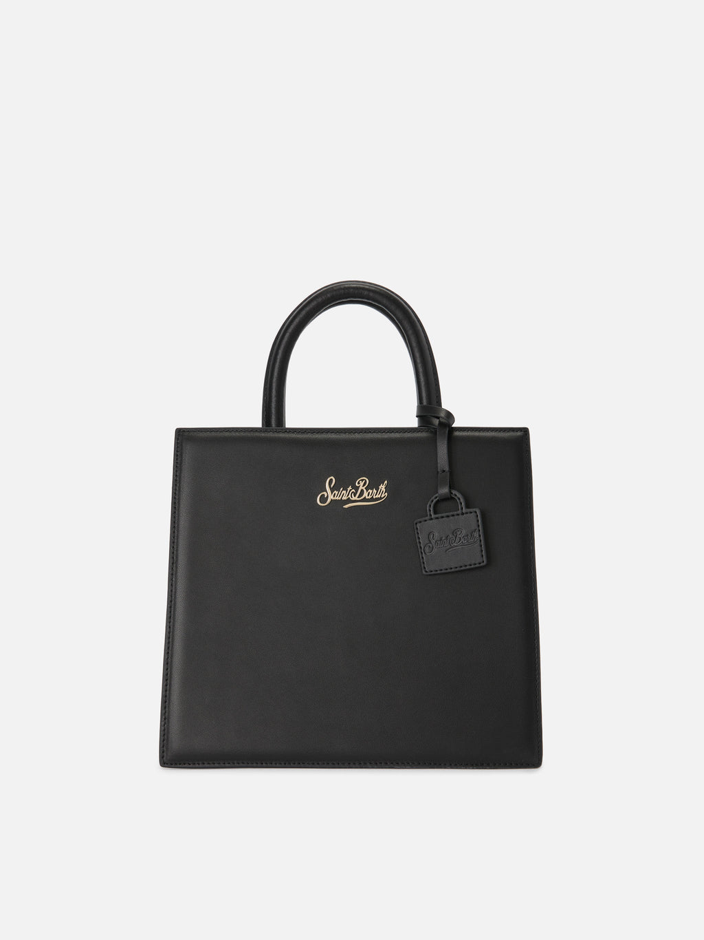 Borsa Shop Midi strutturata in pelle liscia nera con targhetta metallica