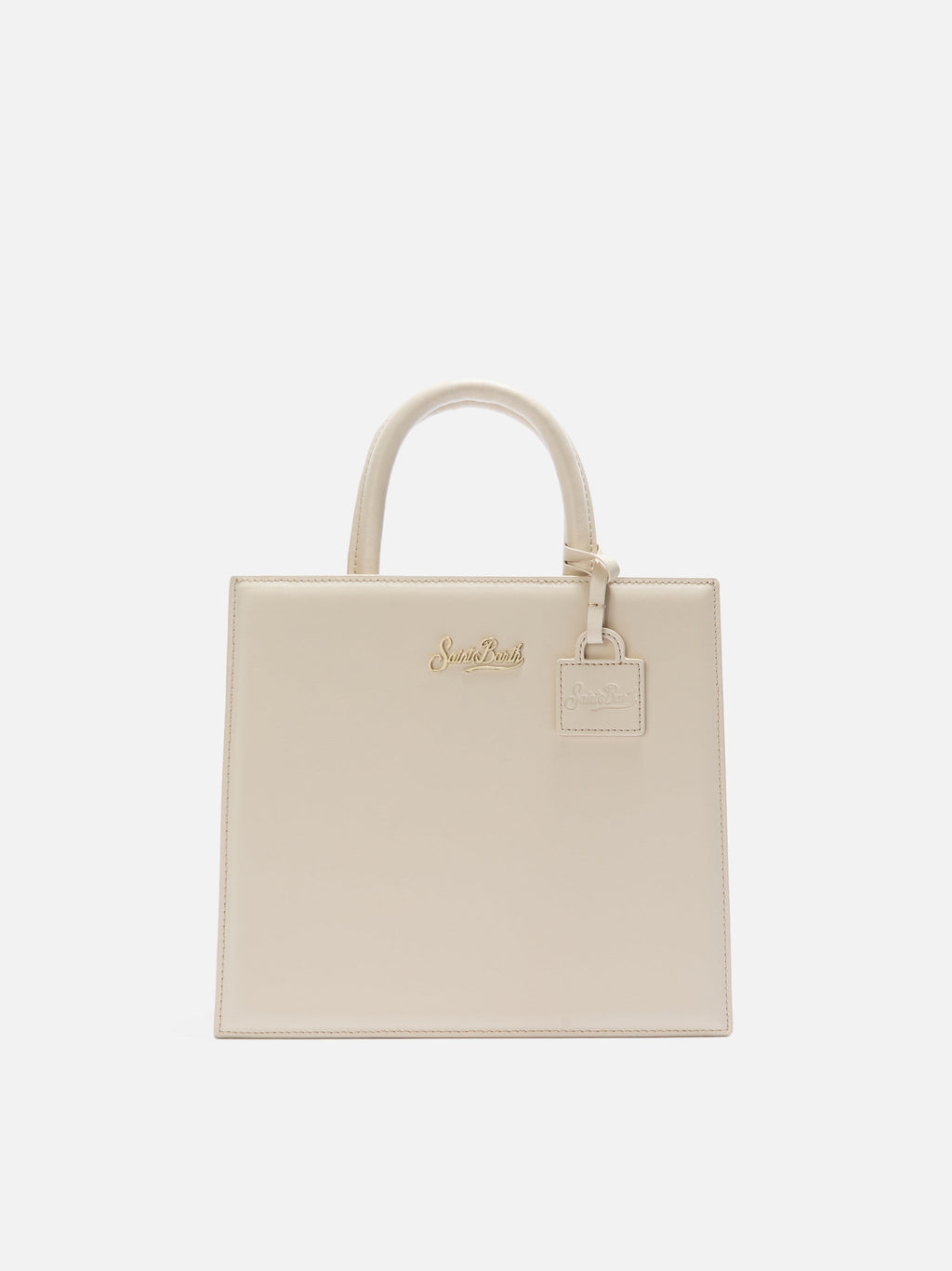 Borsa Shop Midi strutturata in pelle liscia avorio con targhetta metallica