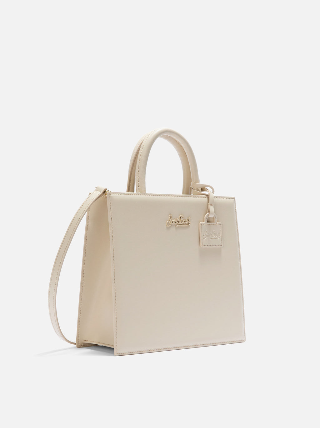 Borsa Shop Midi strutturata in pelle liscia avorio con targhetta metallica