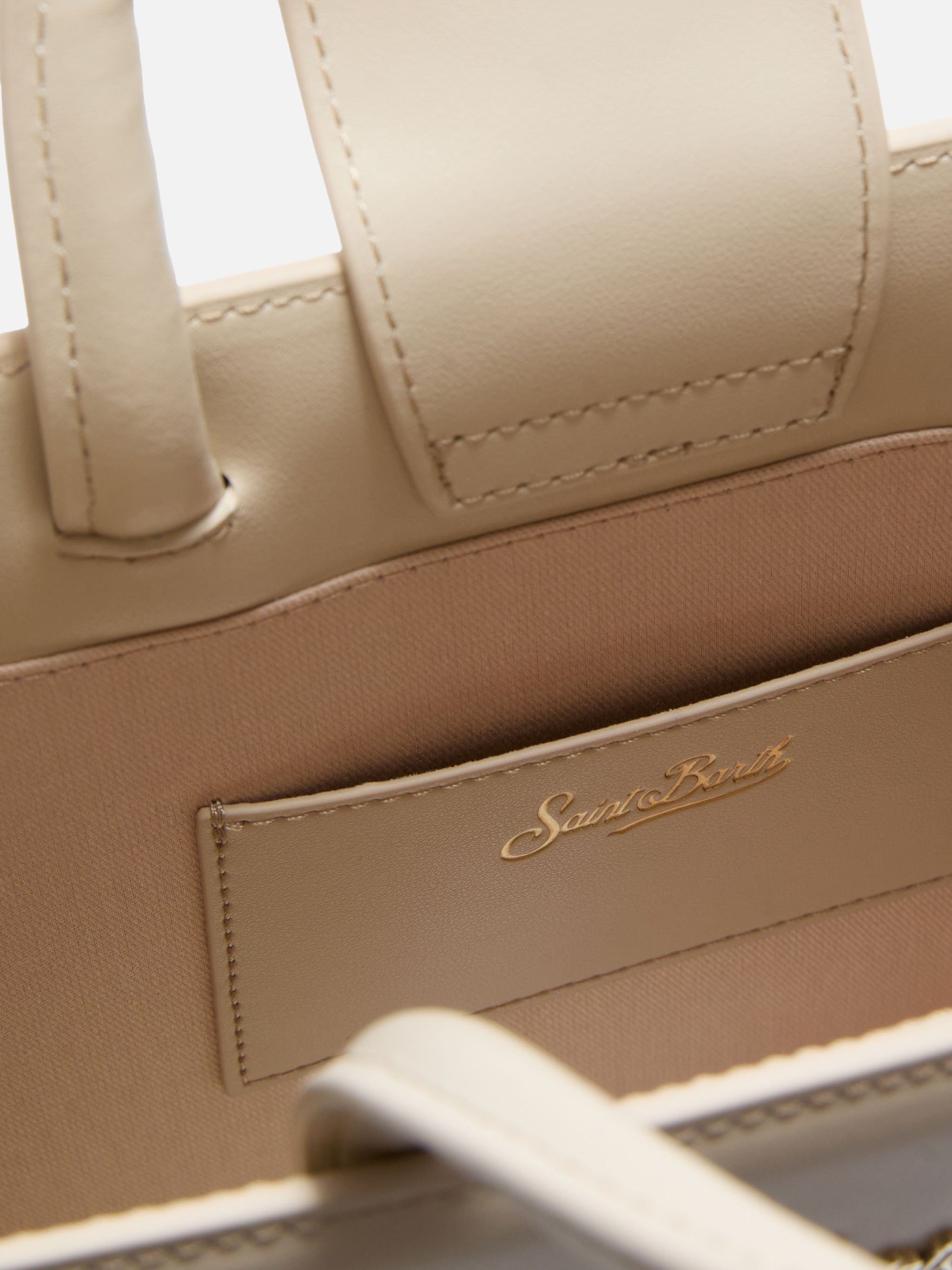 Borsa Shop Midi strutturata in pelle liscia avorio con targhetta metallica
