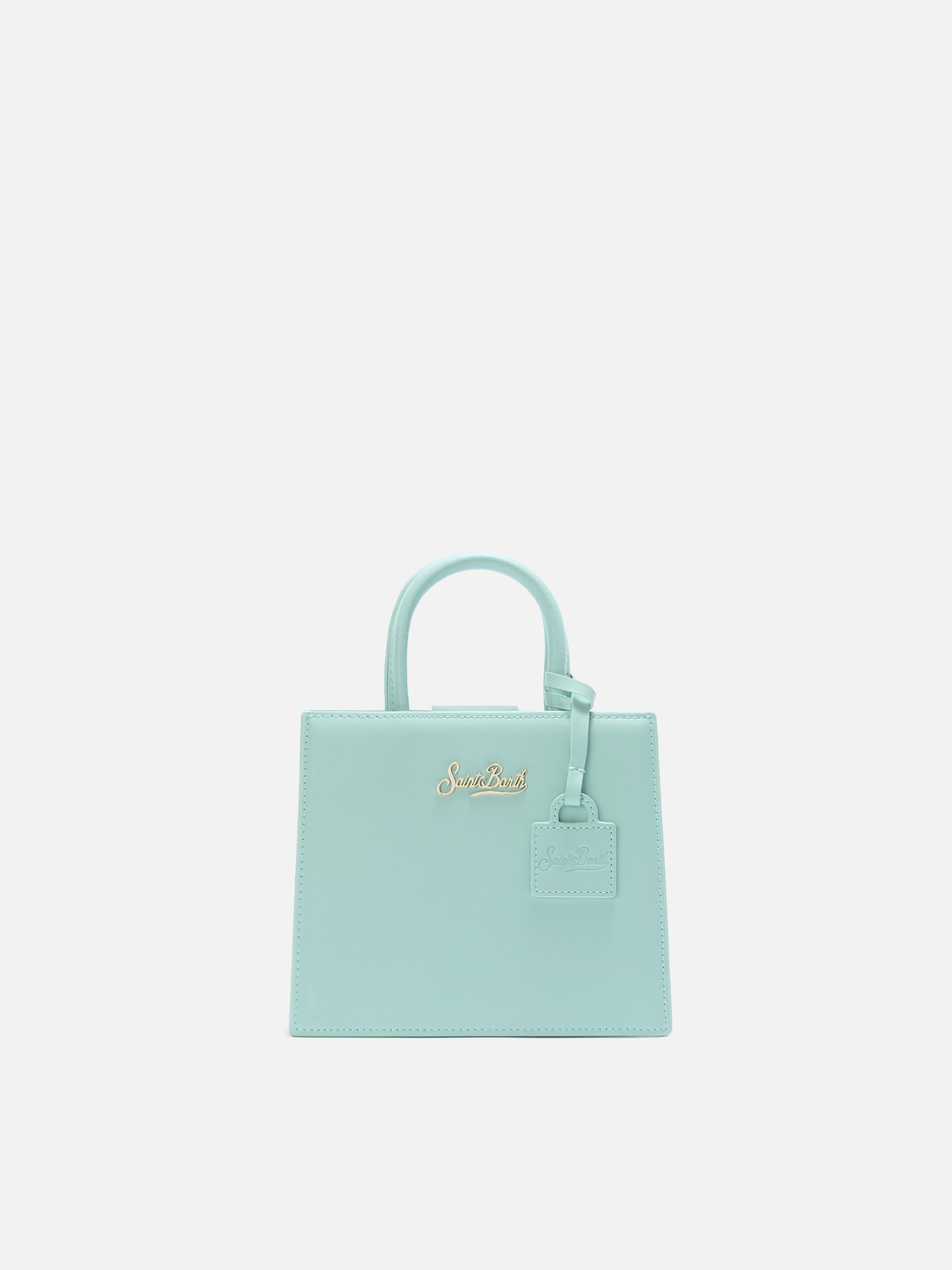 Borsa Shop mini strutturata in pelle liscia verde menta con targhetta metallica