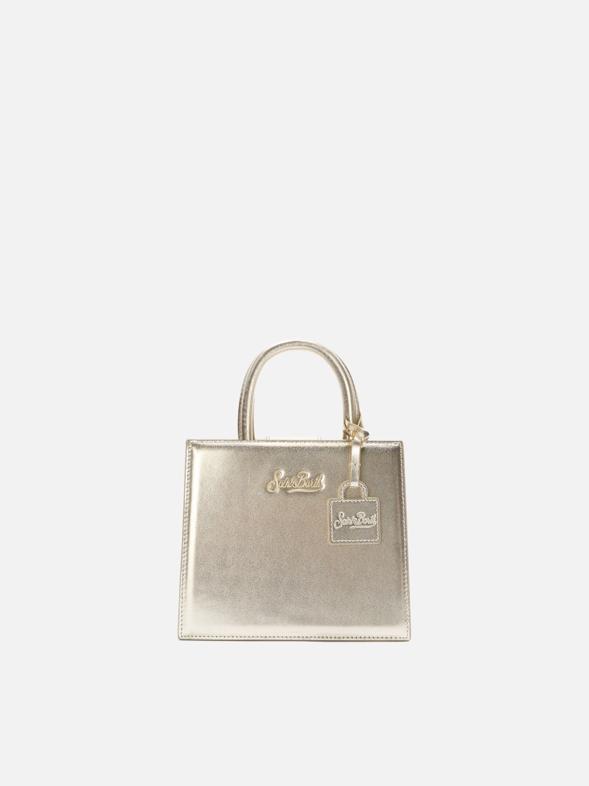 Borsa Shop Mini strutturata in pelle laminata oro con targhetta metallica