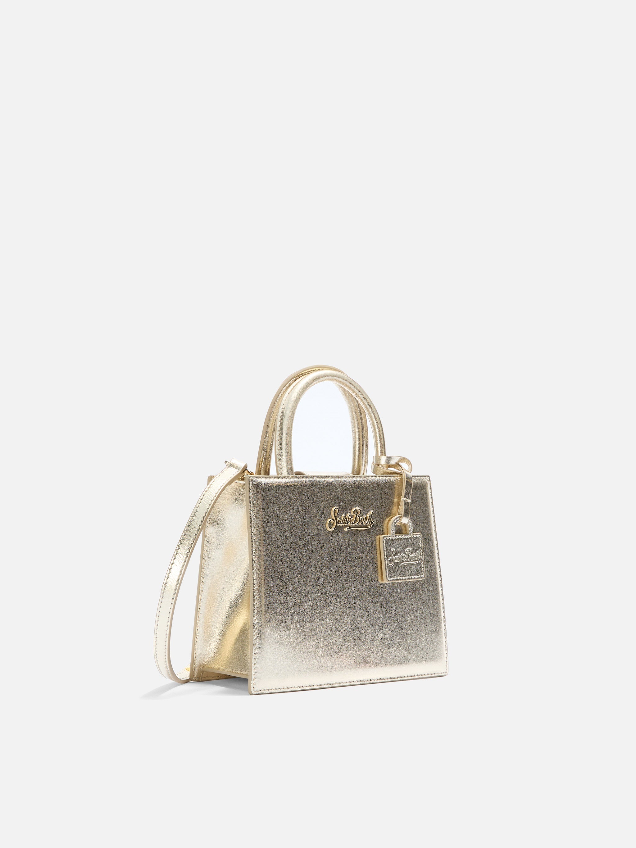 Borsa Shop Mini strutturata in pelle laminata oro con targhetta metallica