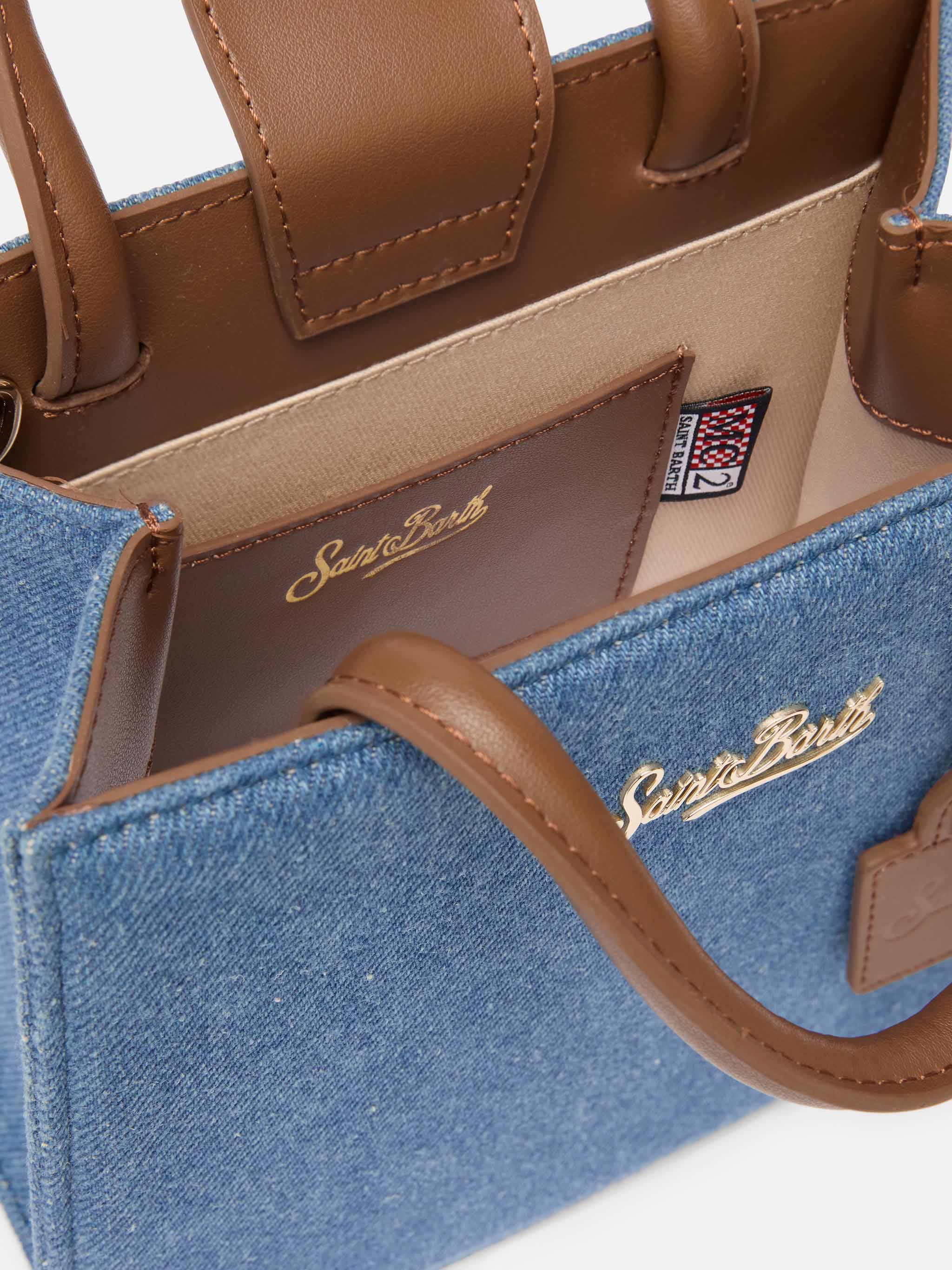 Borsa Shop Mini strutturata in denim con dettagli in pelle