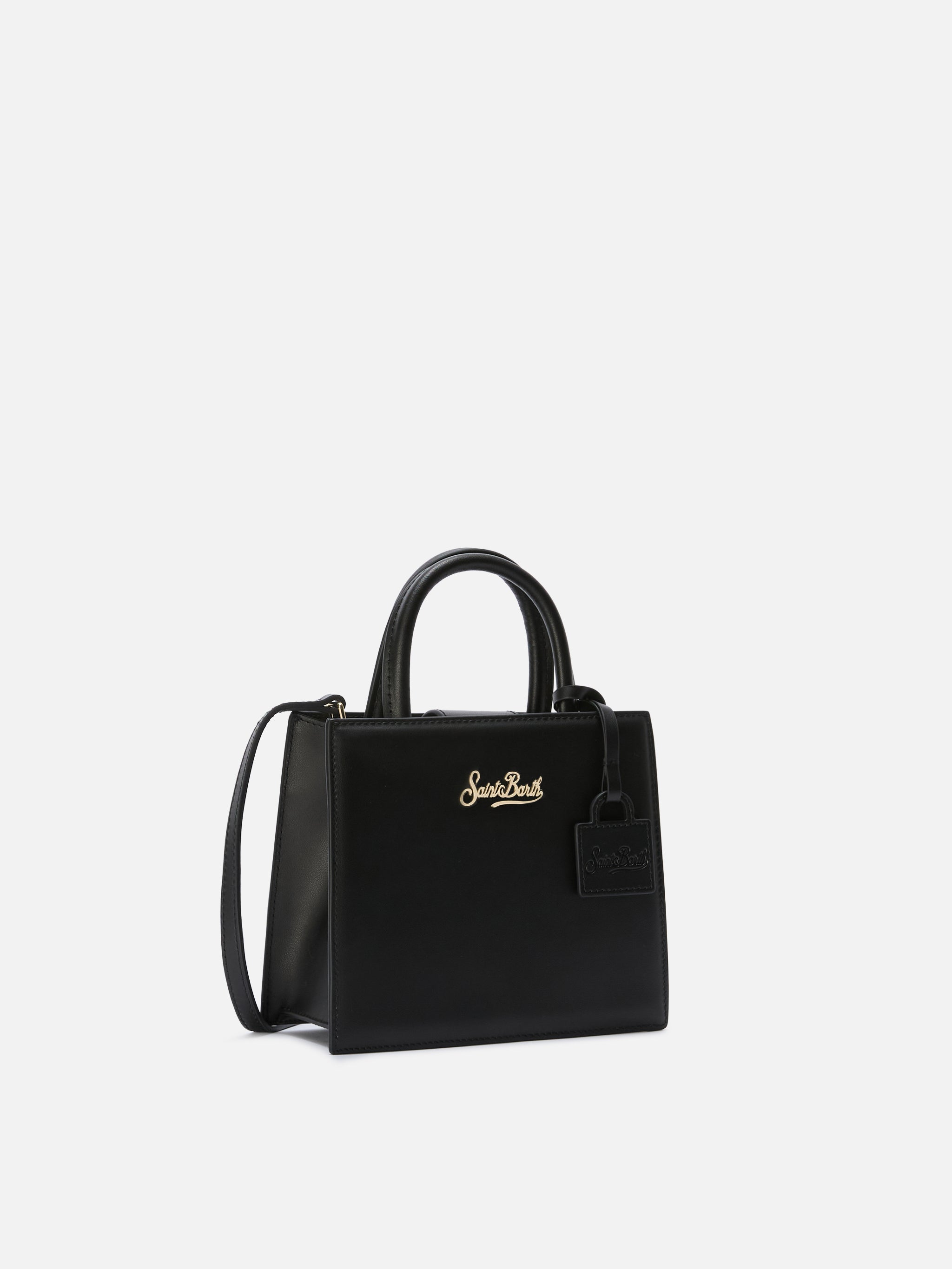 Borsa Shop mini strutturata in pelle liscia nera con targhetta metallica