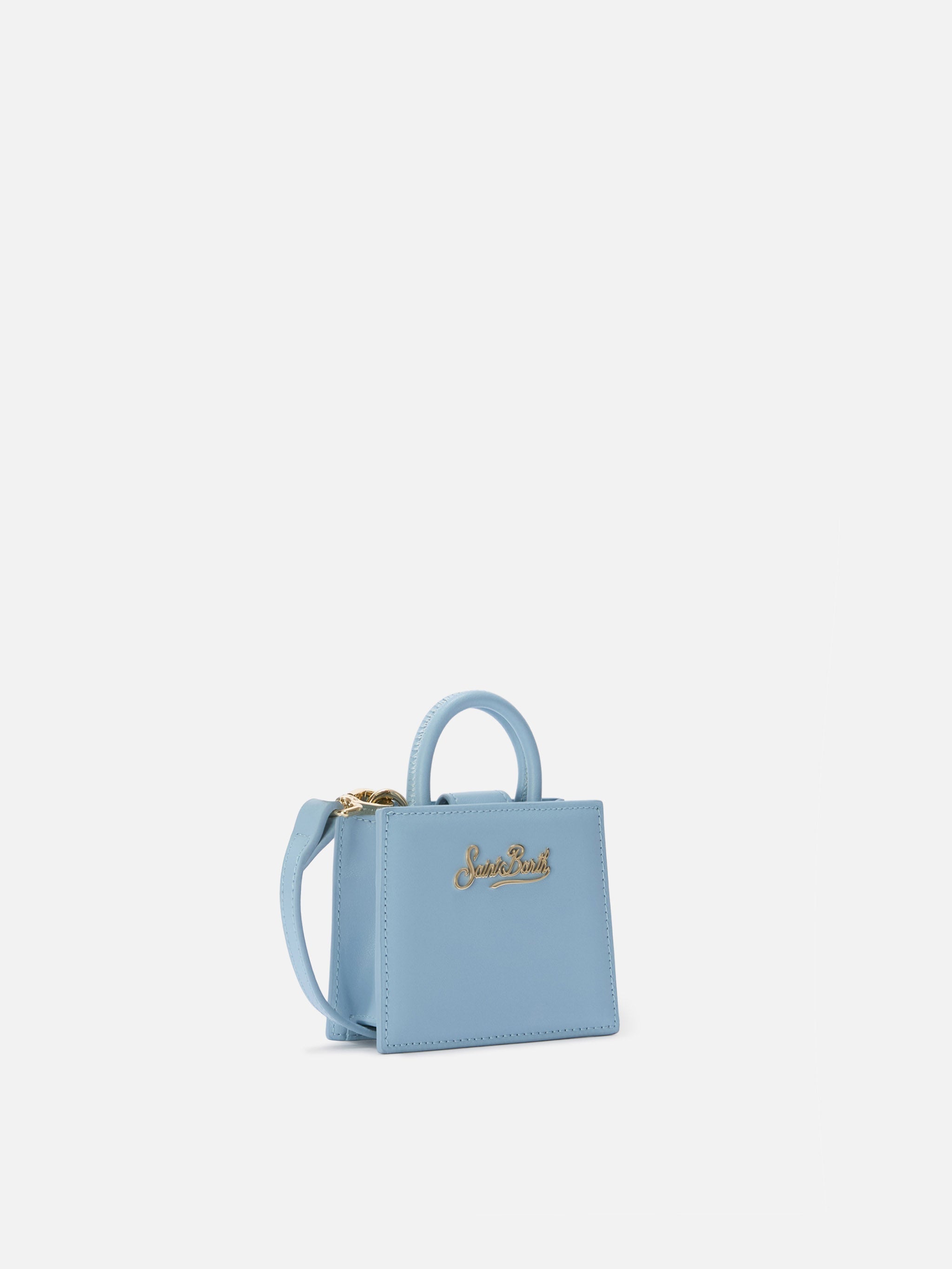 Borsa Shop micro strutturata in pelle liscia azzurra con targhetta metallica