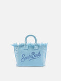 Borsa Vanity mini in canvas azzurro con logo in strass