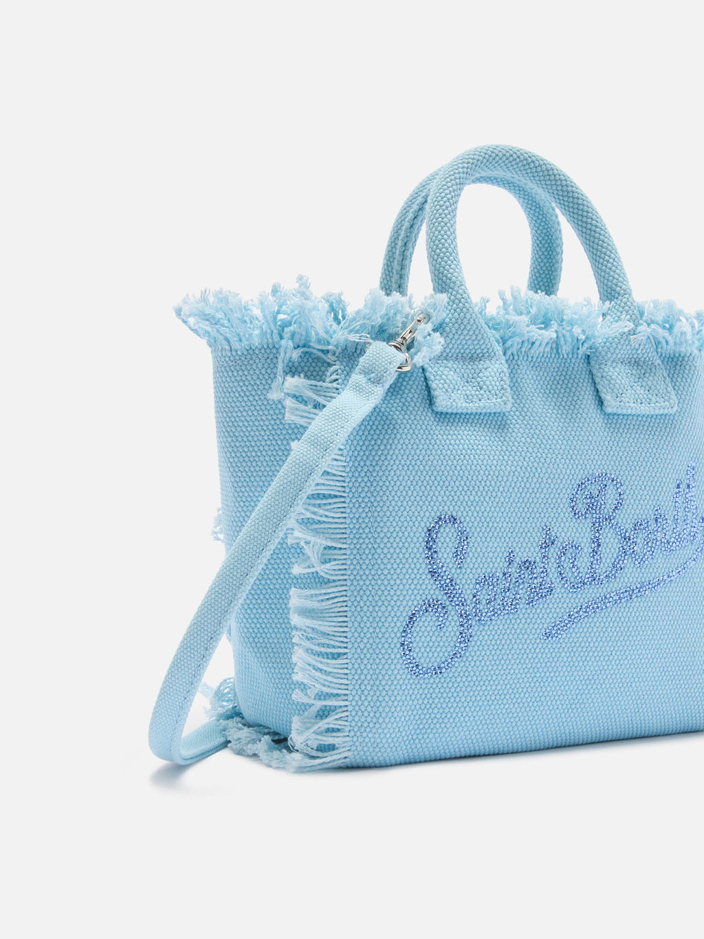 Borsa Vanity mini in canvas azzurro con logo in strass