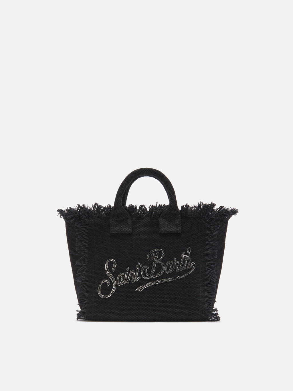 Borsa Vanity mini in canvas nera con logo in strass