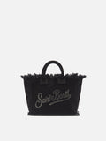 Borsa Vanity mini in canvas nera con logo in strass
