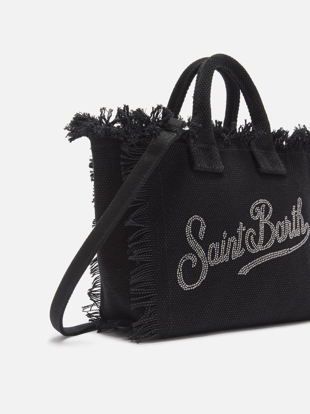 Borsa Vanity mini in canvas nera con logo in strass