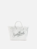 Borsa Vanity mini in canvas bianca con logo in strass