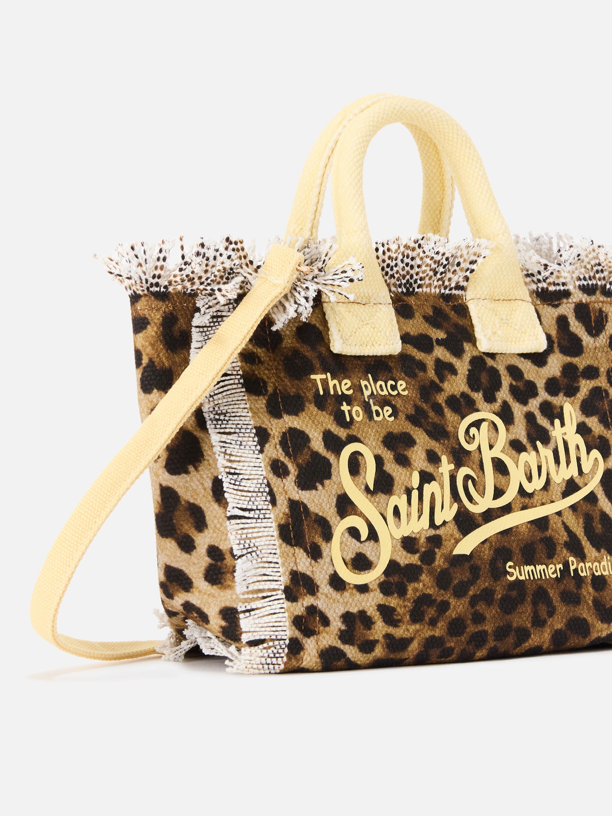 Borsa Vanity mini in canvas leopardato con dettagli gialli