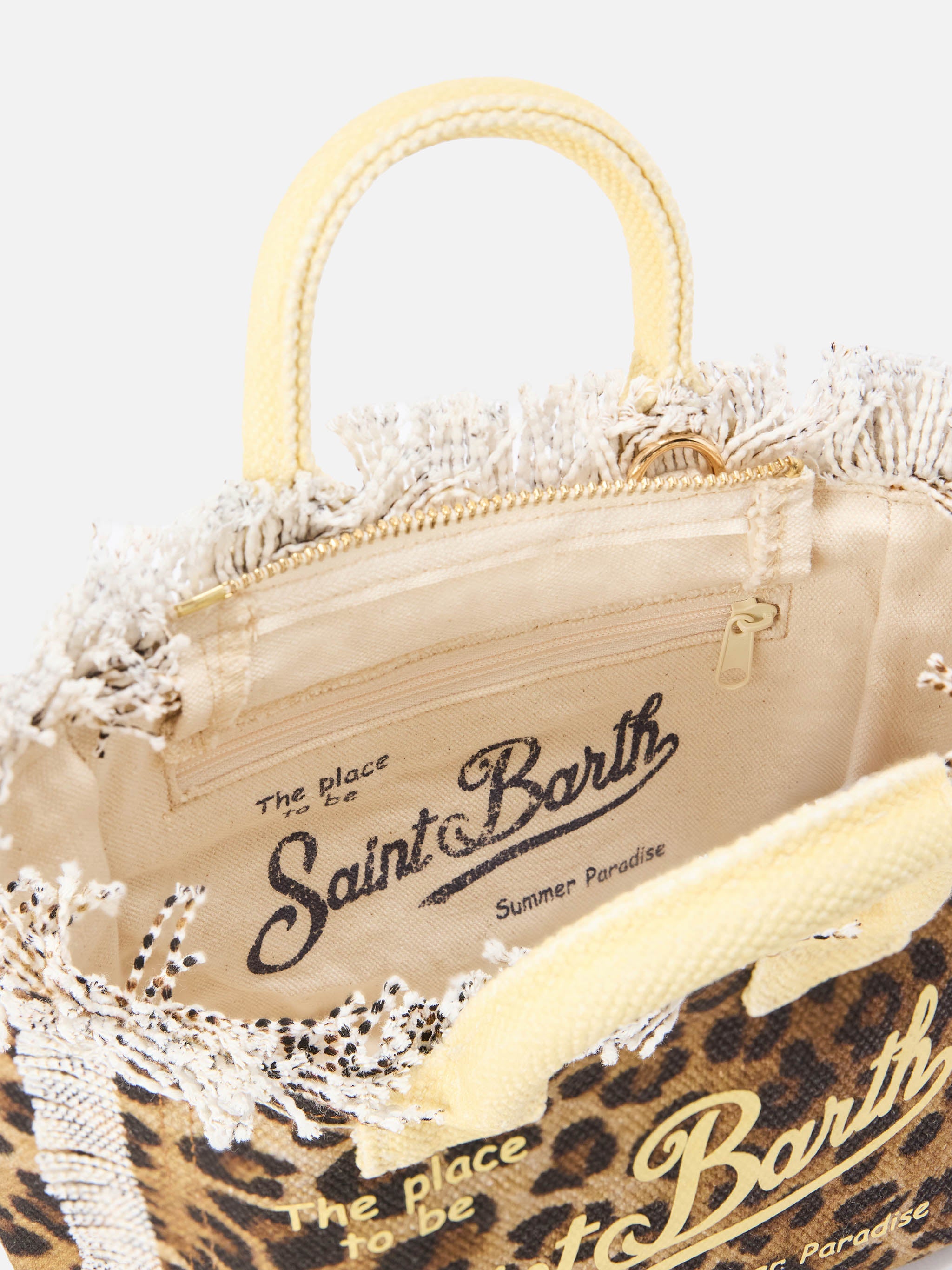 Borsa Vanity mini in canvas leopardato con dettagli gialli