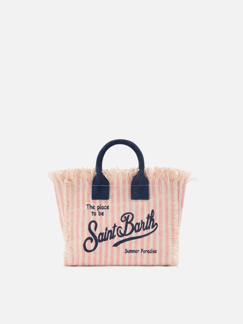 Borsa Vanity mini in canvas a righe rosa con dettagli blu