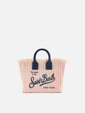 Borsa Vanity mini in canvas a righe rosa con dettagli blu