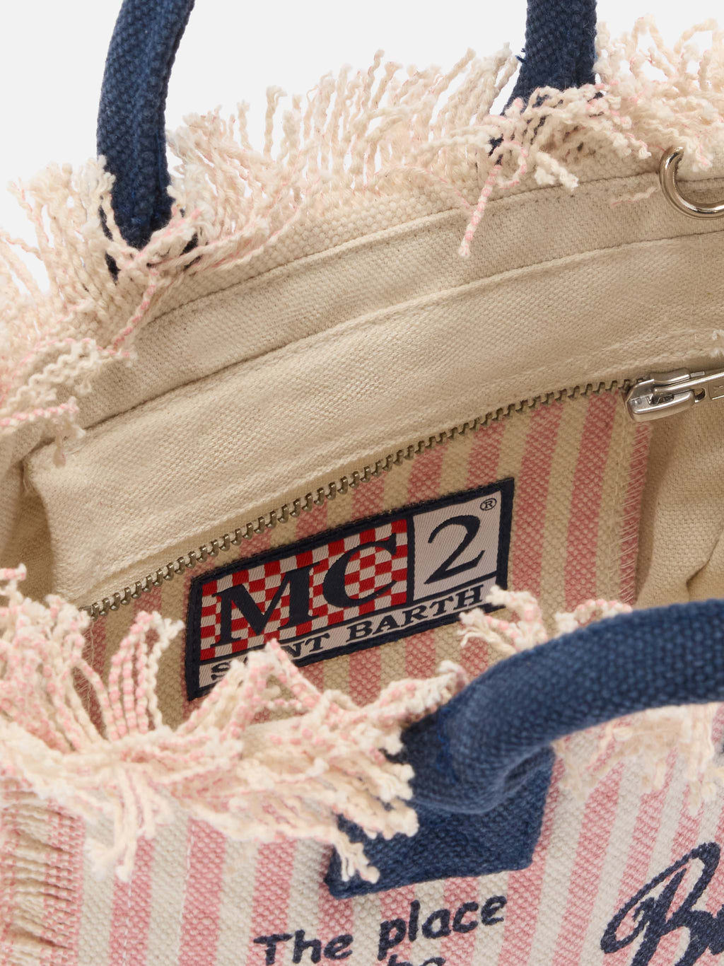 Borsa Vanity mini in canvas a righe rosa con dettagli blu