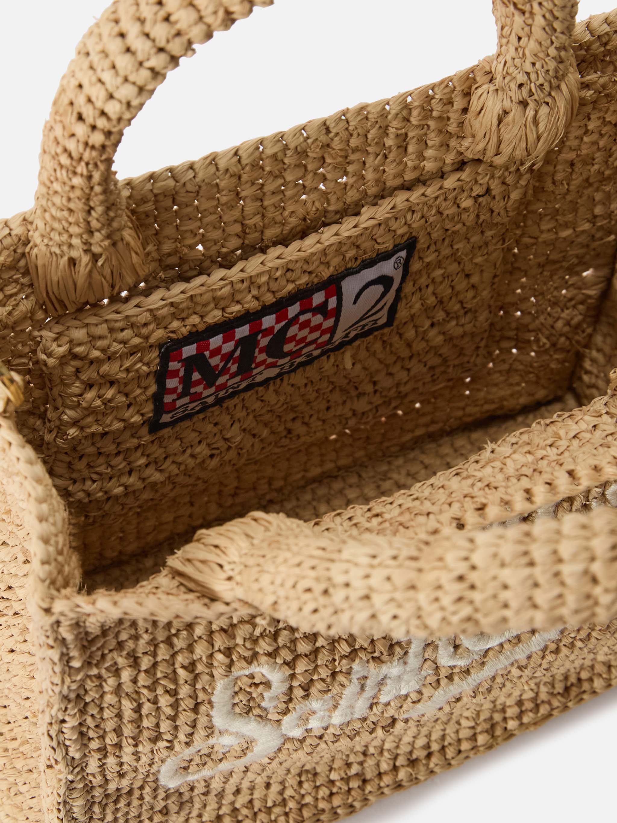 Borsa Vanity mini in raffia con logo ricamato