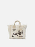 Borsa Vanity in lino a righe fini marroni e bianche