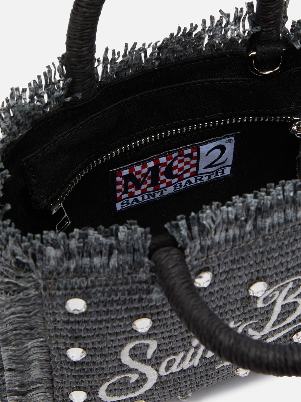 Black Mini Vanity Straw bag with rhinestone embellishment - MC2 Saint Barth