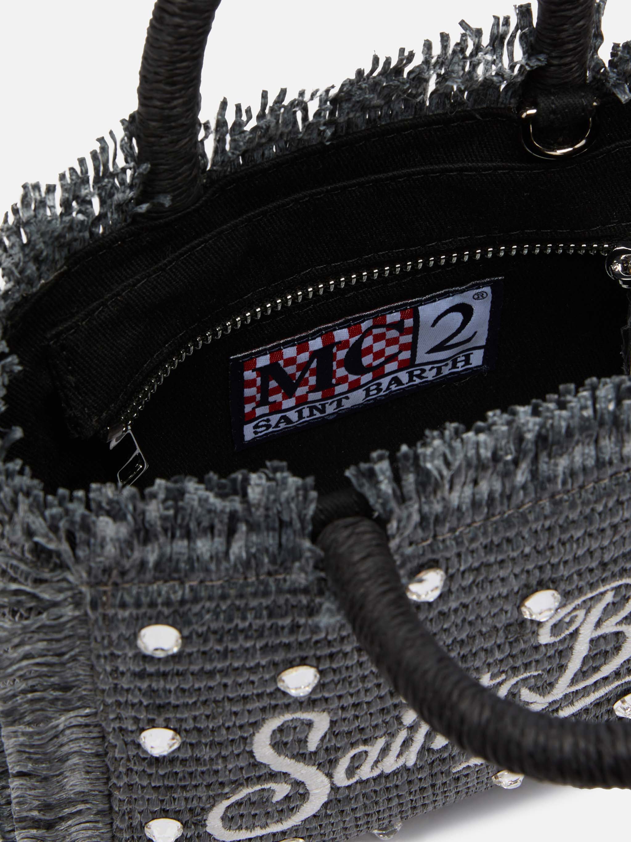 Black Mini Vanity Straw bag with rhinestone embellishment - MC2 Saint Barth