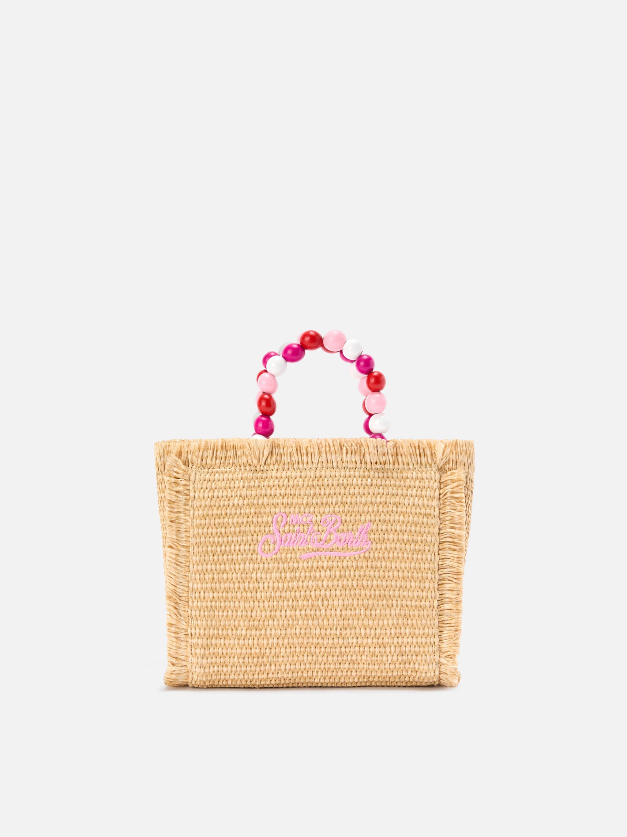 Borsa Vanity mini in tessuto effetto paglia con manico con perline