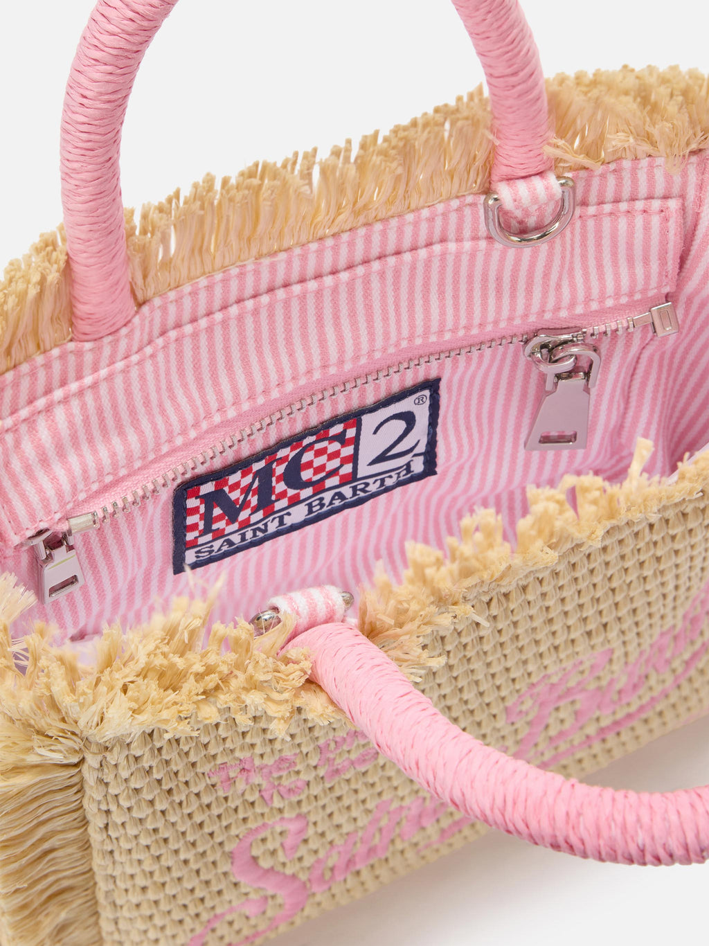 Borsa Vanity mini in tessuto effetto paglia con logo ricamato