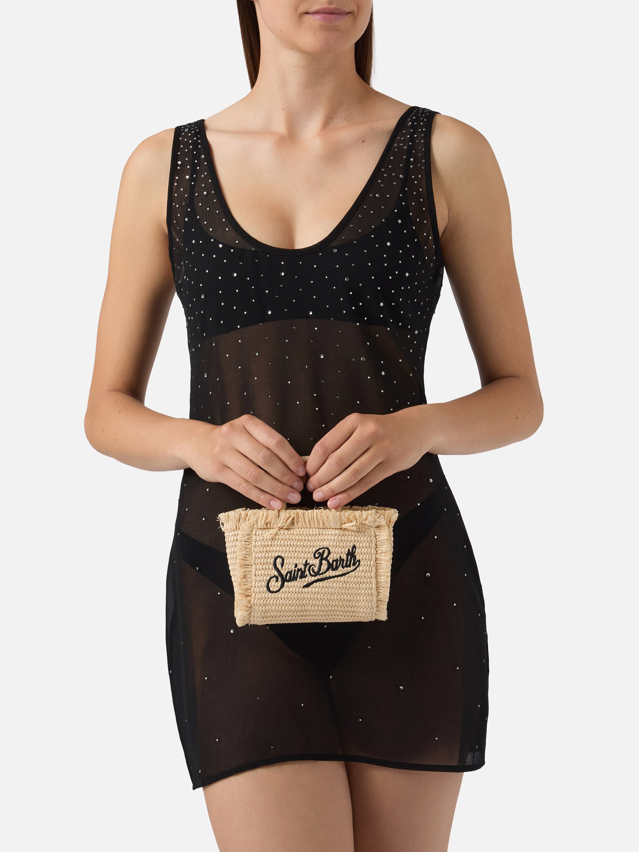 Borsa Vanity micro effetto paglia con dettagli blu