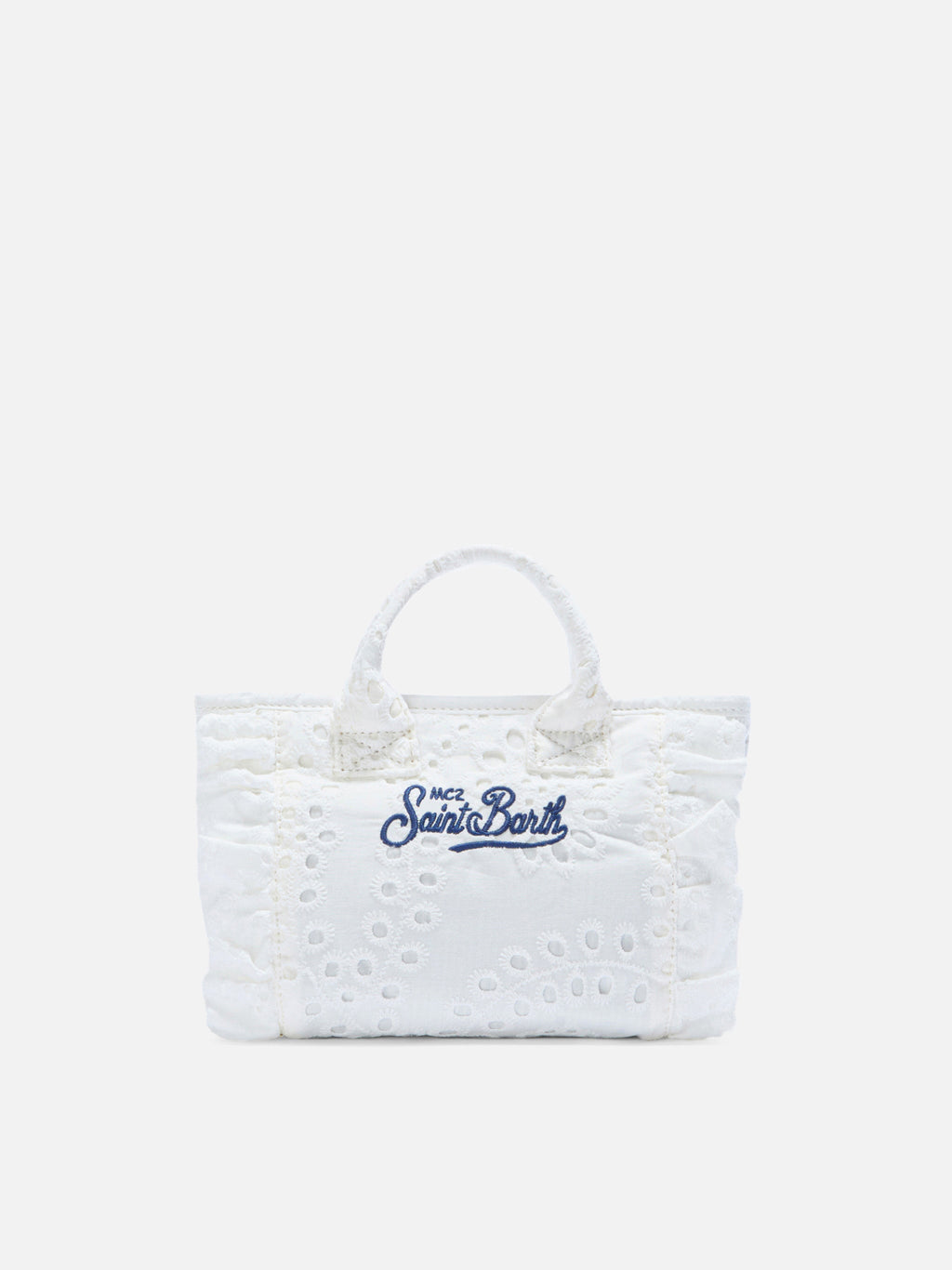Borsa Vanity mini volant in cotone sangallo bianca
