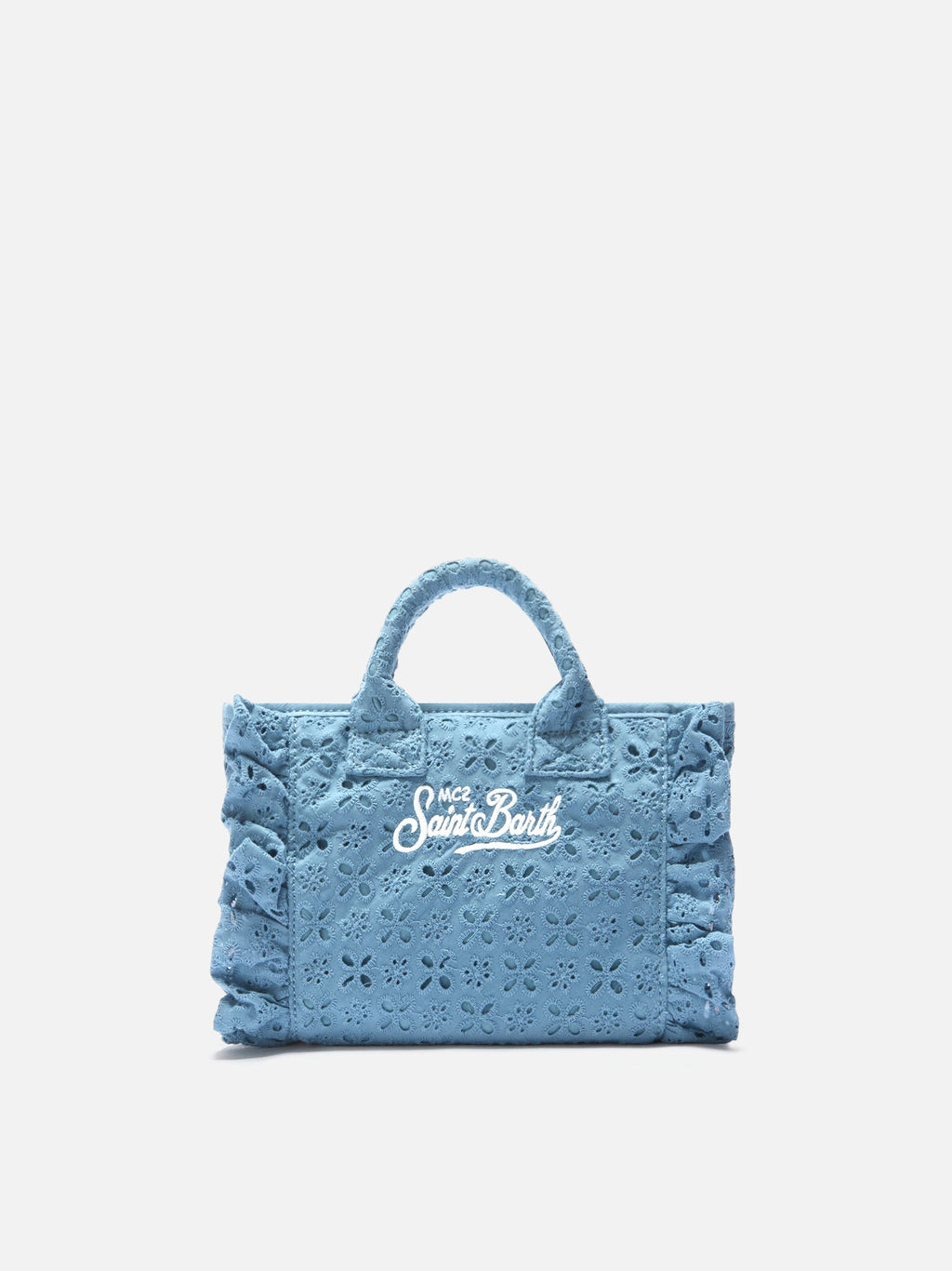 Borsa Vanity mini volant in cotone sangallo azzurra