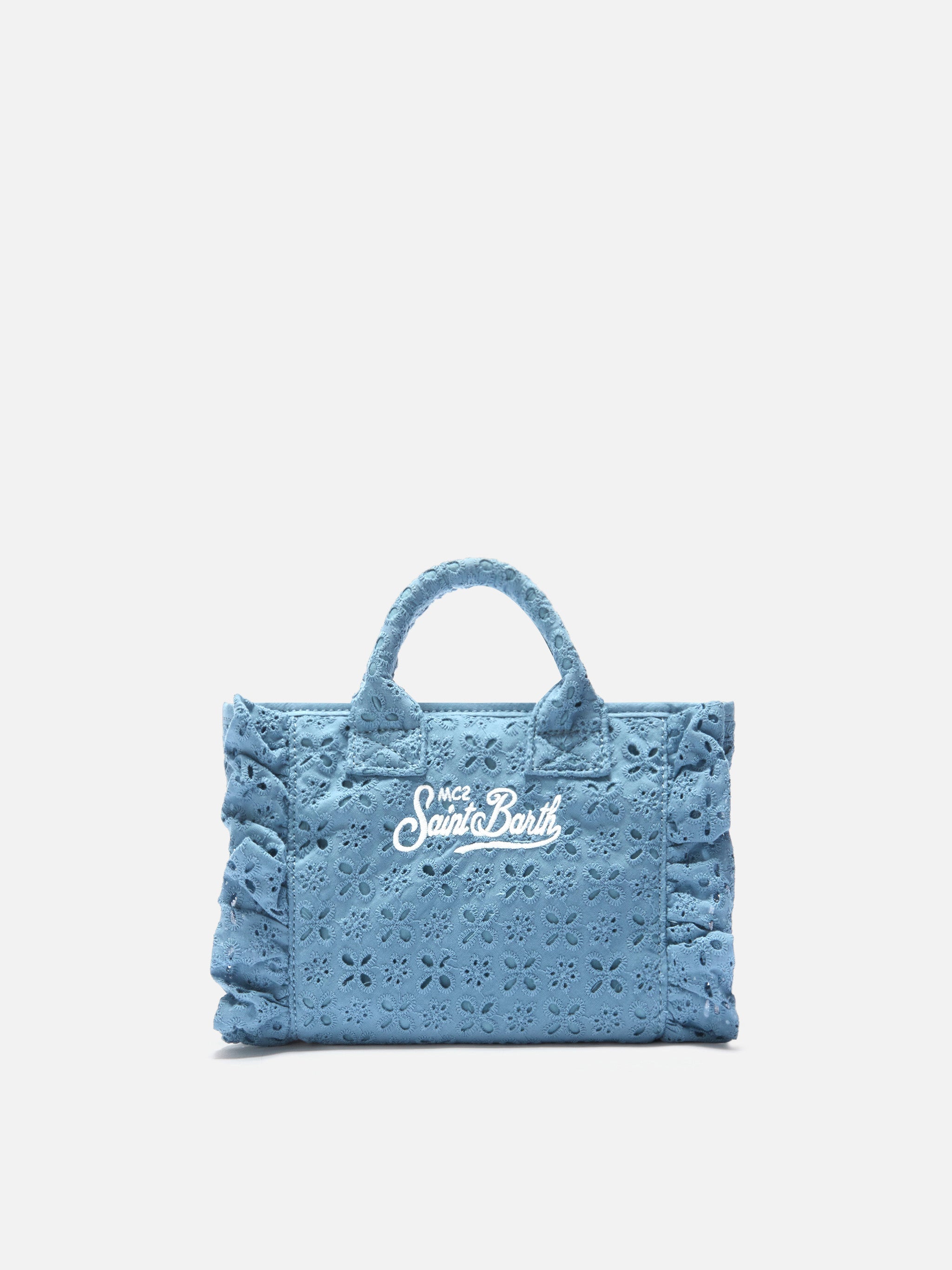 Borsa Vanity mini volant in cotone sangallo azzurra