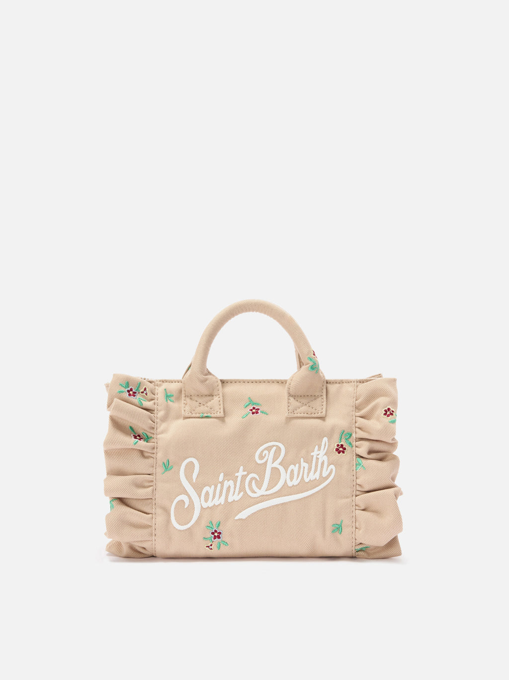 Borsa Vanity mini volant in denim beige con fiori ricamati
