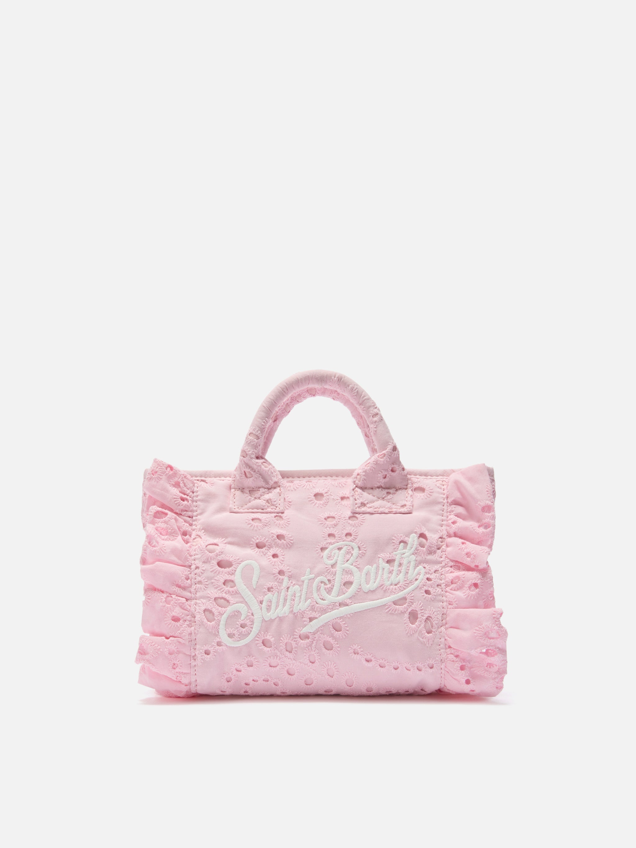 Borsa Vanity mini volant in cotone sangallo rosa