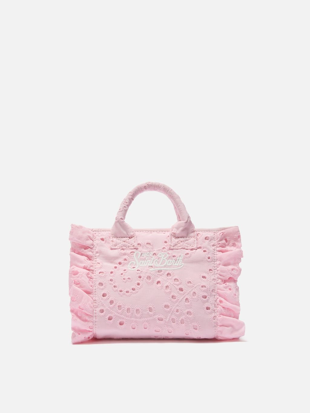 Borsa Vanity mini volant in cotone sangallo rosa
