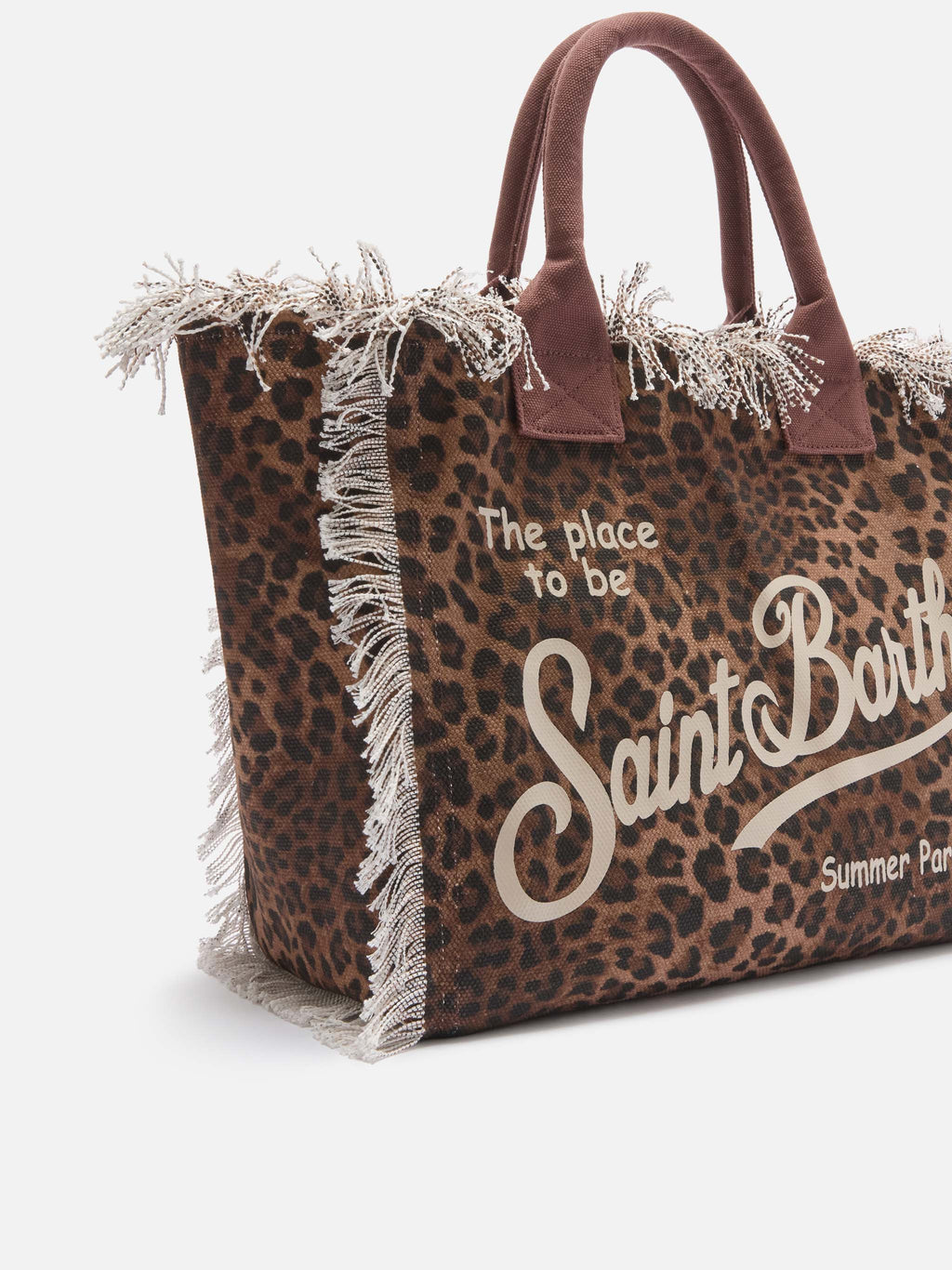 Borsa Vanity regular leopardata in canvas con frange