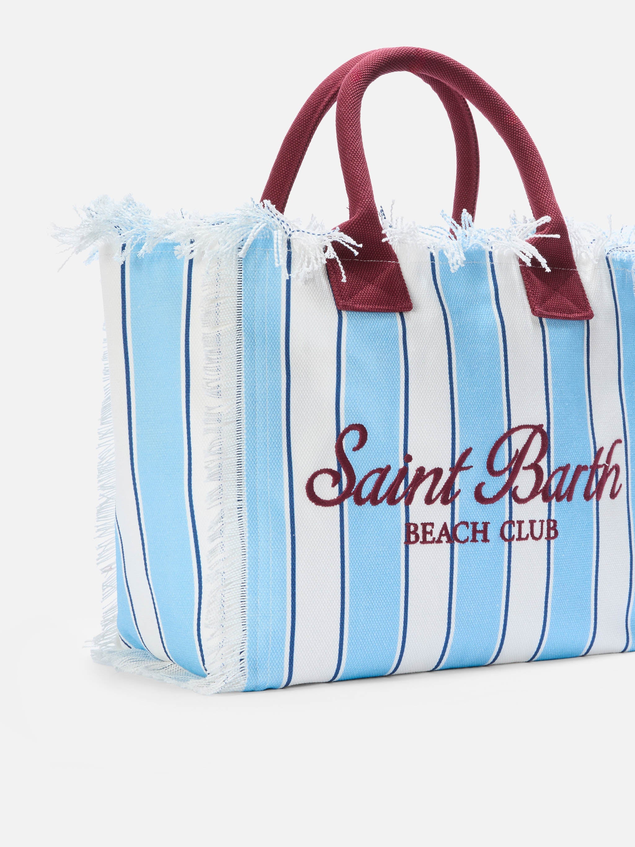 Borsa Vanity regular in canvas a righe azzurre con dettagli bordeaux