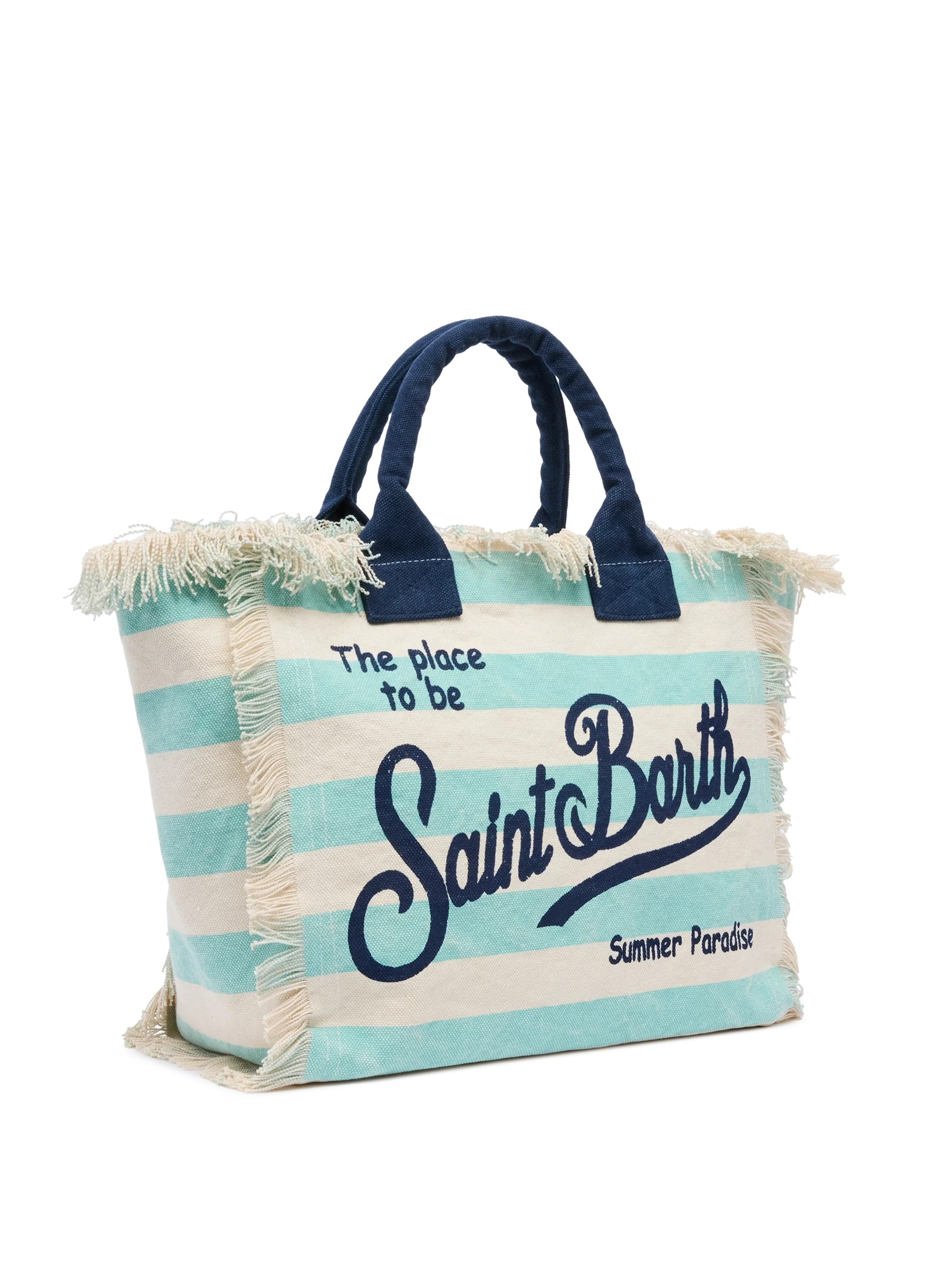 Cotton canvas Vanity tote bag with water green striped print - MC2 Saint Barth