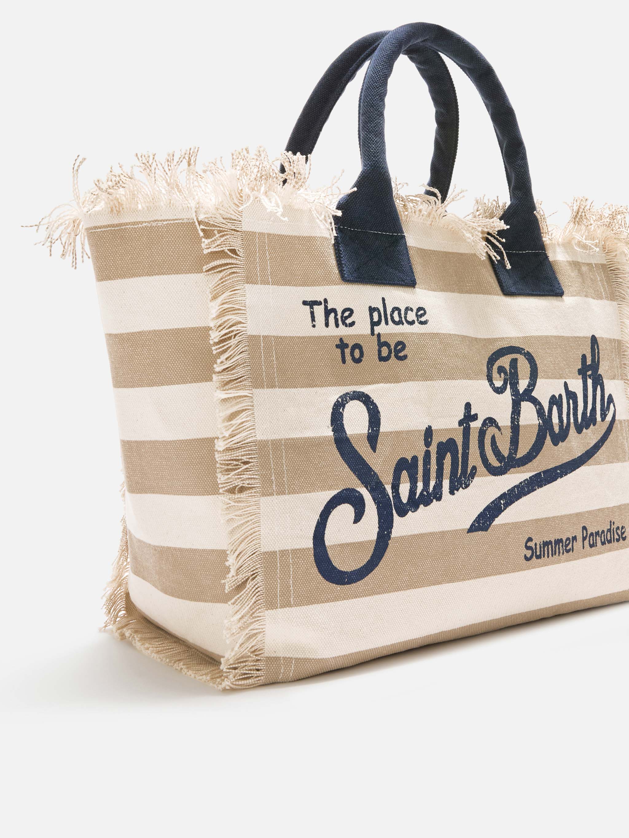 Borsa Vanity regular in canvas a righe orizzontali beige