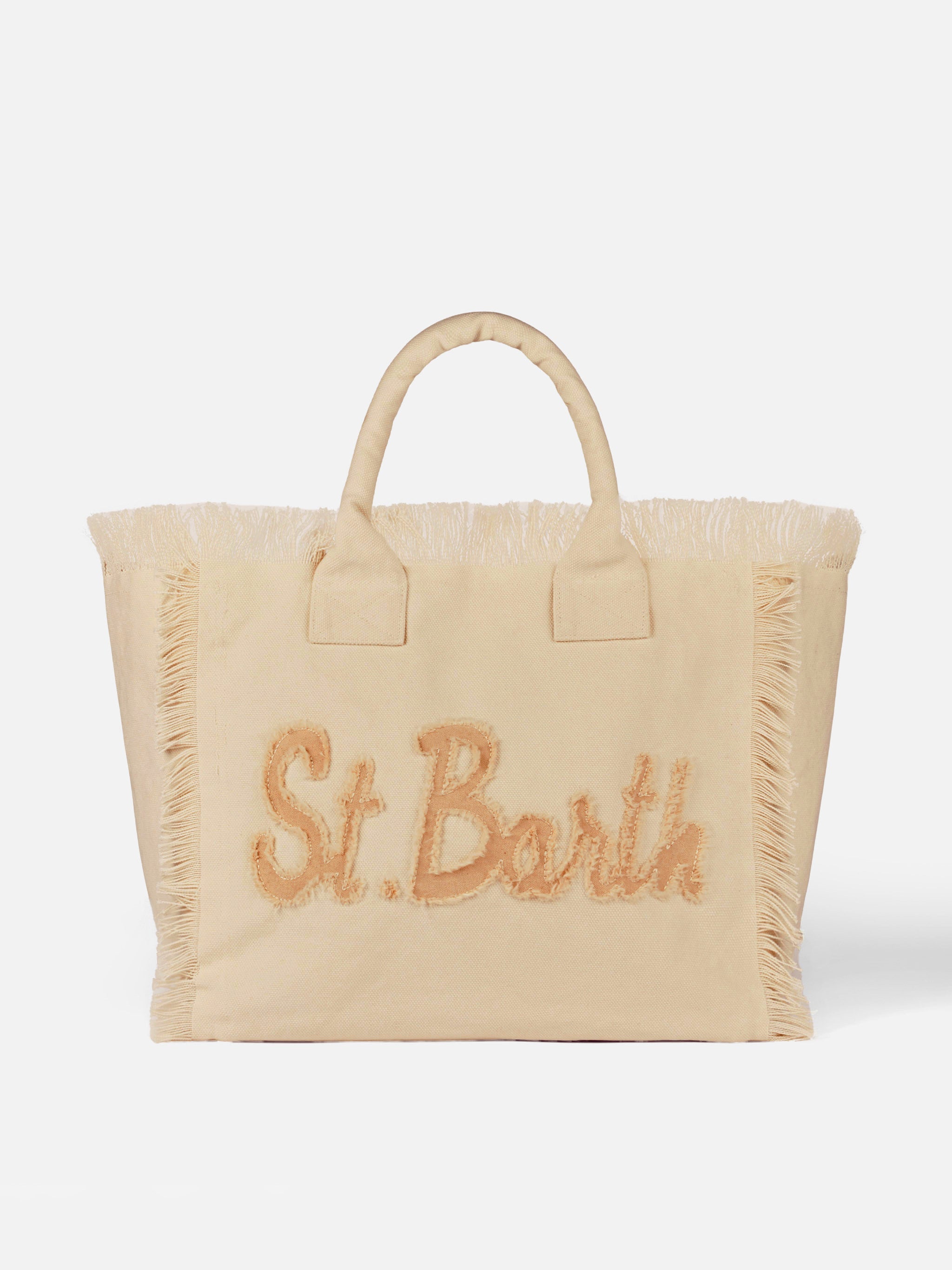 Borsa a spalla Vanity in canvas di cotone beige con patch logo Saint Barth