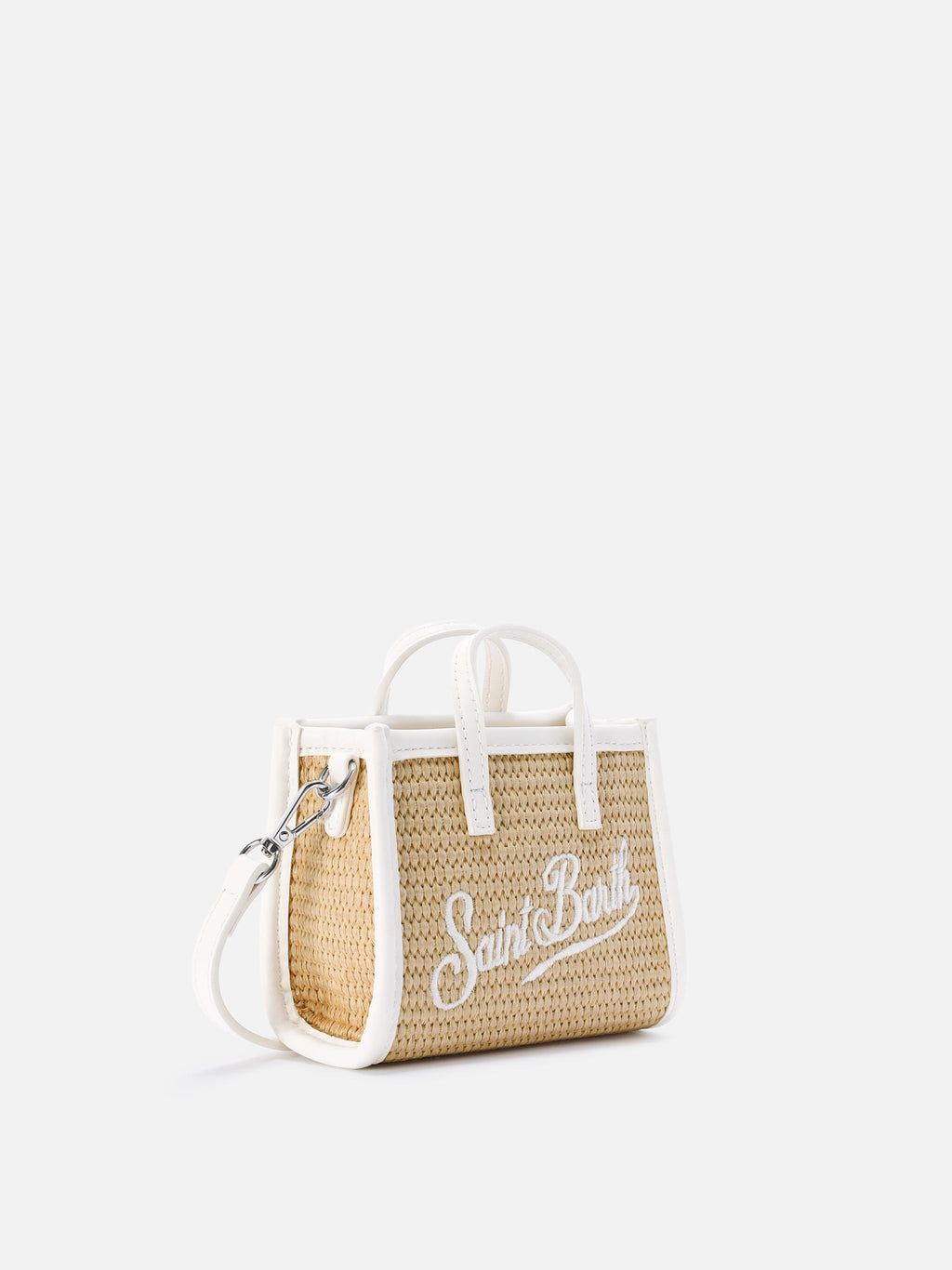 Borsa Vivian micro effetto paglia con logo bianco ricamato