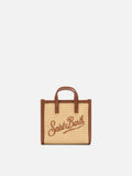 Borsa Vivian micro effetto paglia con logo marrone ricamato