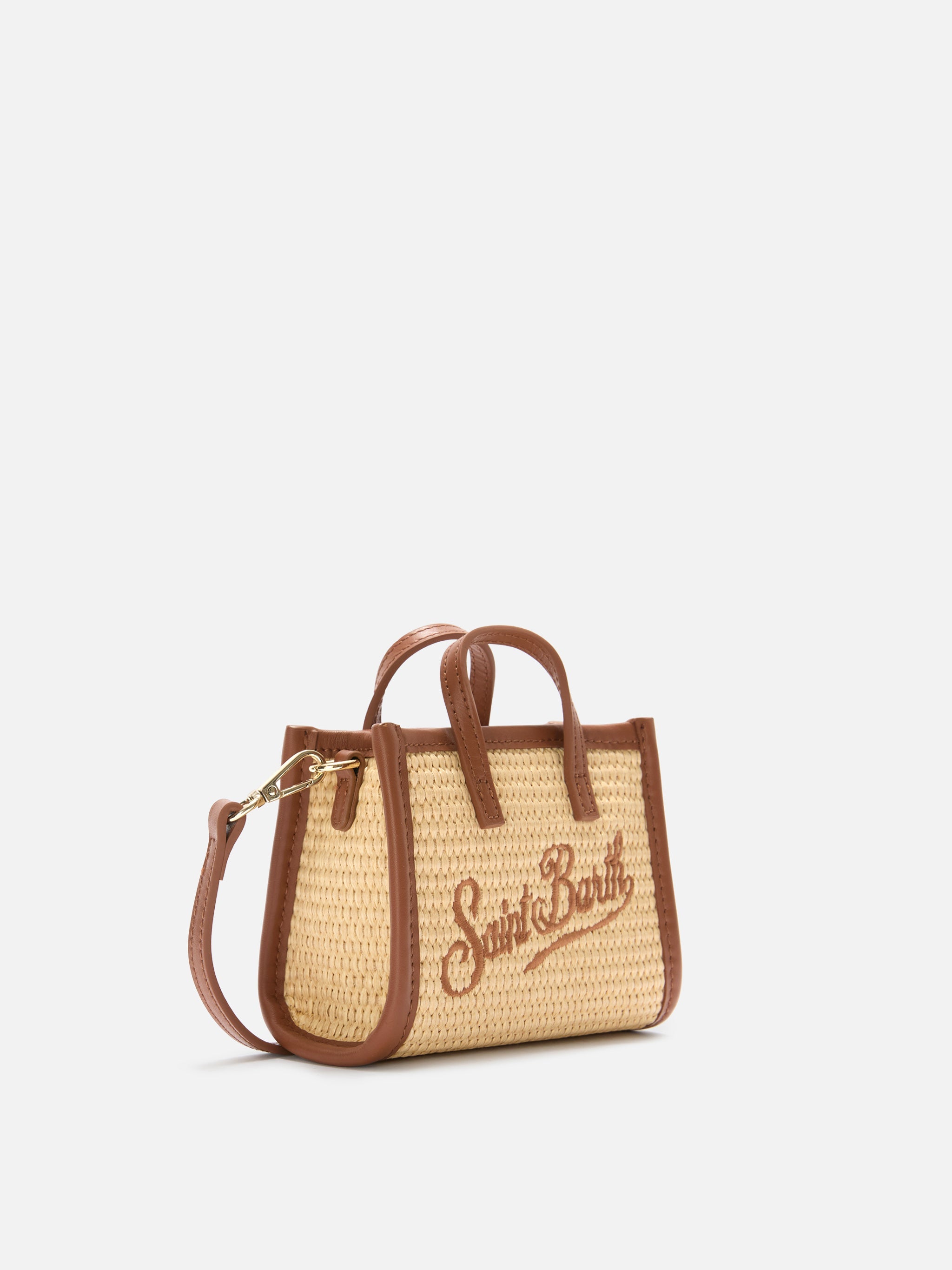 Borsa Vivian micro effetto paglia con logo marrone ricamato