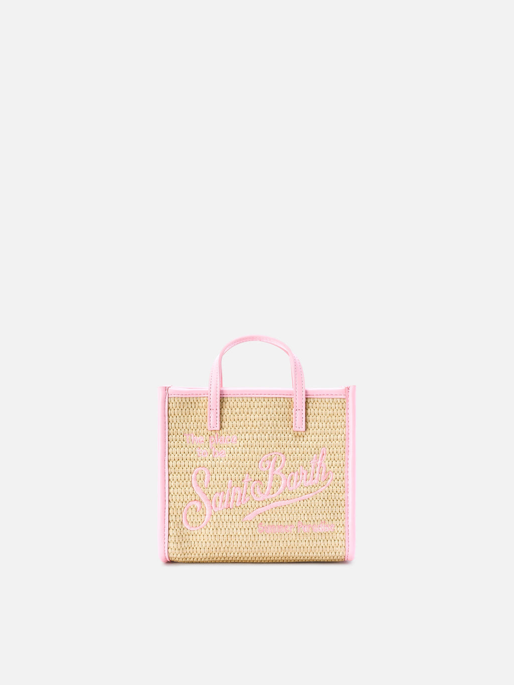 Borsa Vivian mini in tessuto effetto paglia con logo rosa ricamato