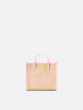 Borsa Vivian mini in tessuto effetto paglia con logo rosa ricamato