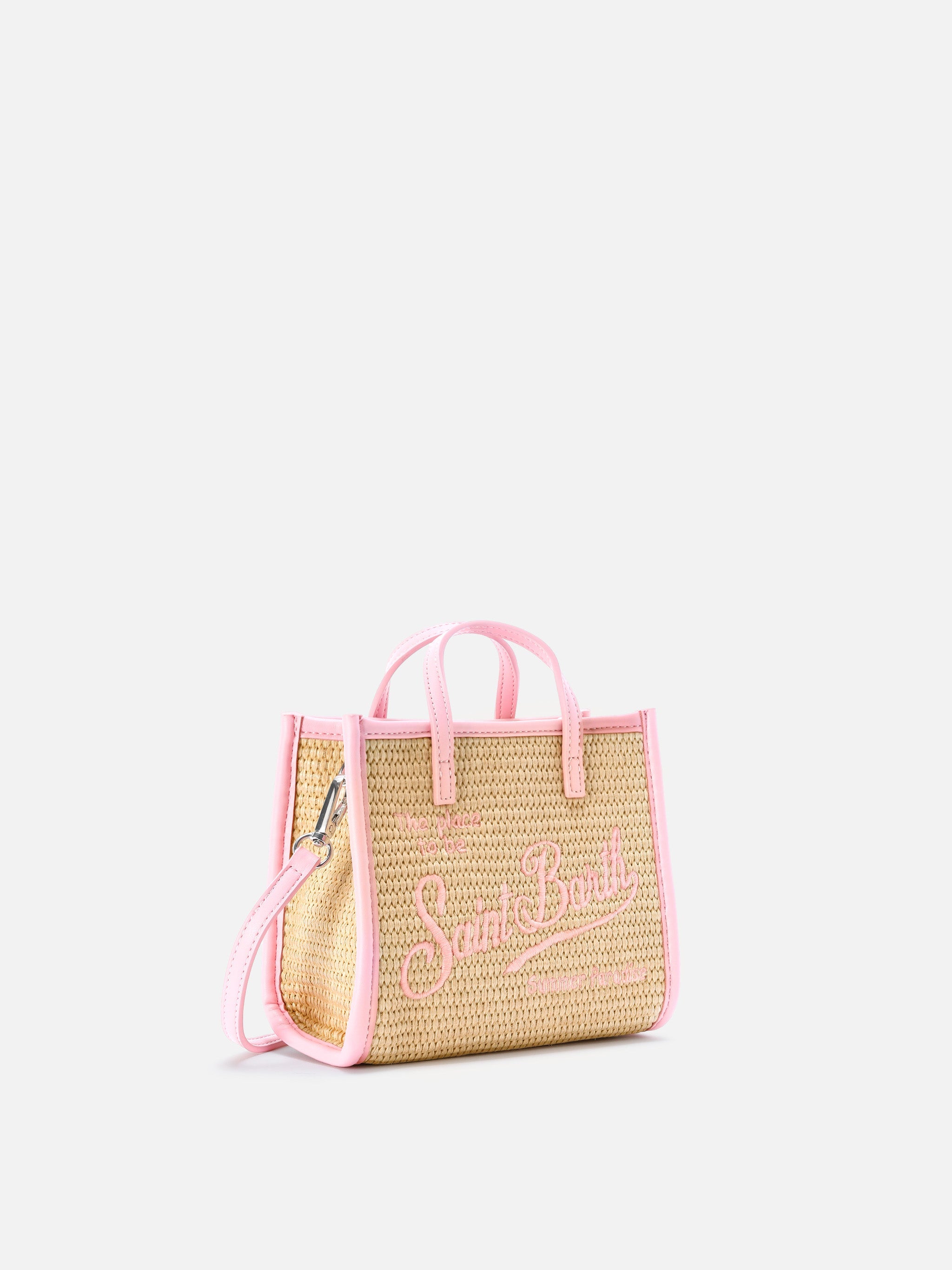 Borsa Vivian mini in tessuto effetto paglia con logo rosa ricamato
